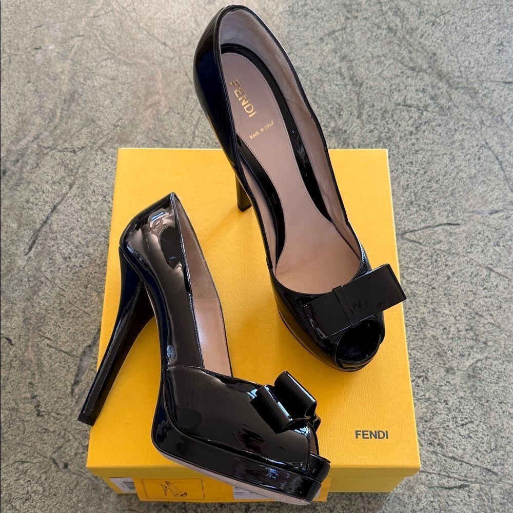Fendi Glossy Black Peep Toe Heels